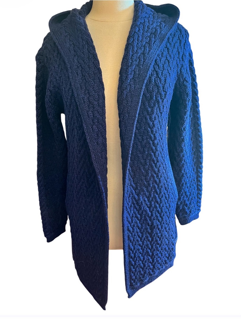 The Irish store Aran Midnight Blue Herringbone Shawl Hooded cardigan Size M